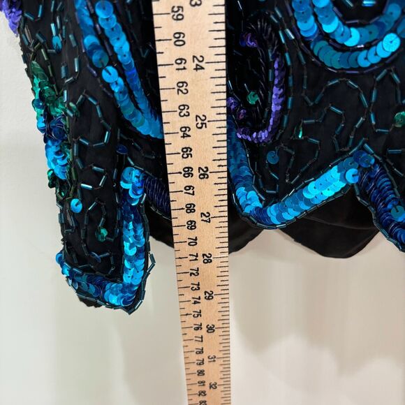 VTG Lawrence Kazar Sequin Top 3X Silk Blue Green Peacock Beads 80s Disco Evening - Picture 8 of 16